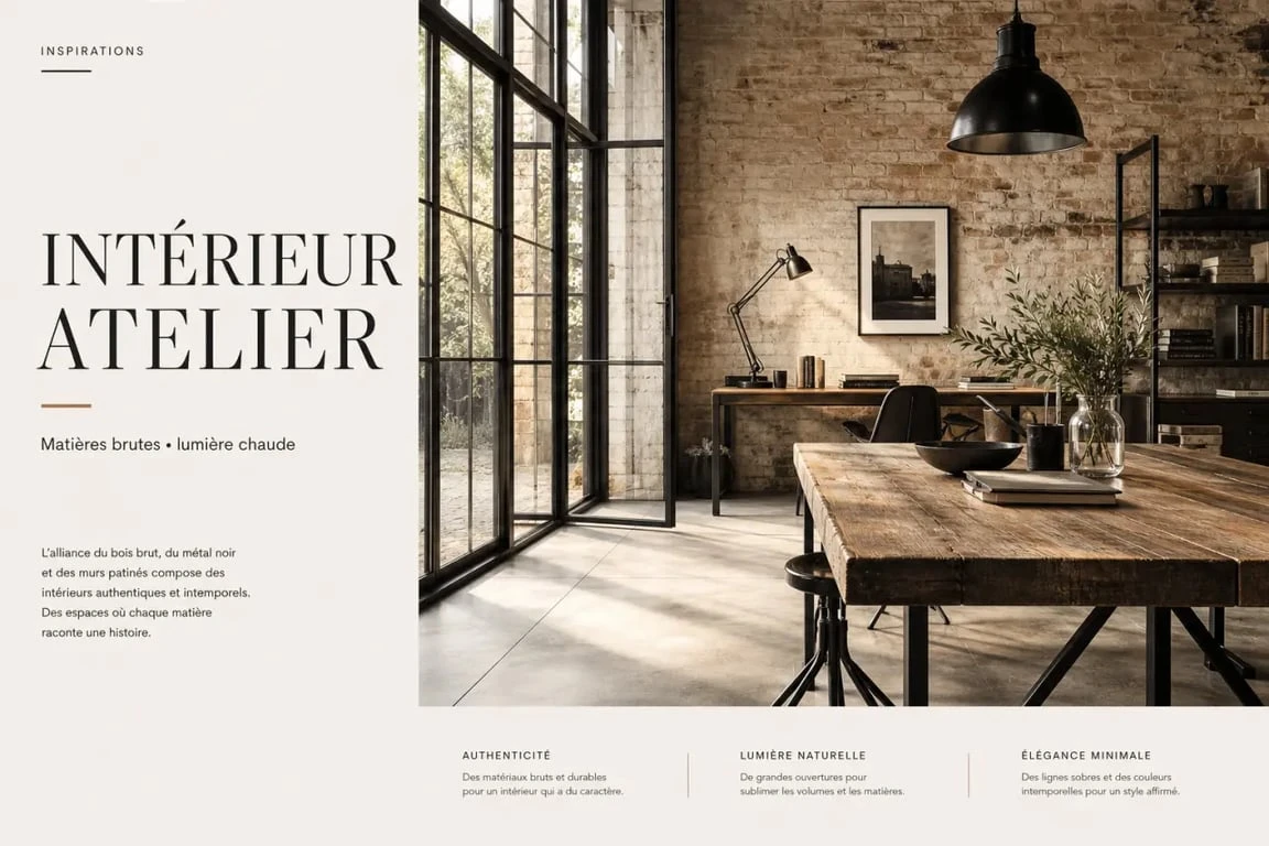 Déco atelier : salon lumineux avec verrière noire, bois brut et suspension industrielle