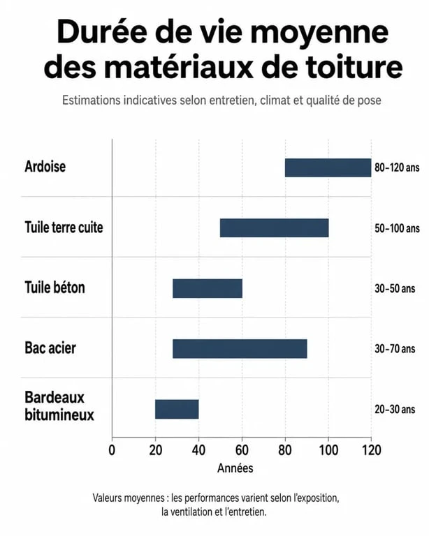 Infographie comparative de la durée de vie des différents matériaux de toiture