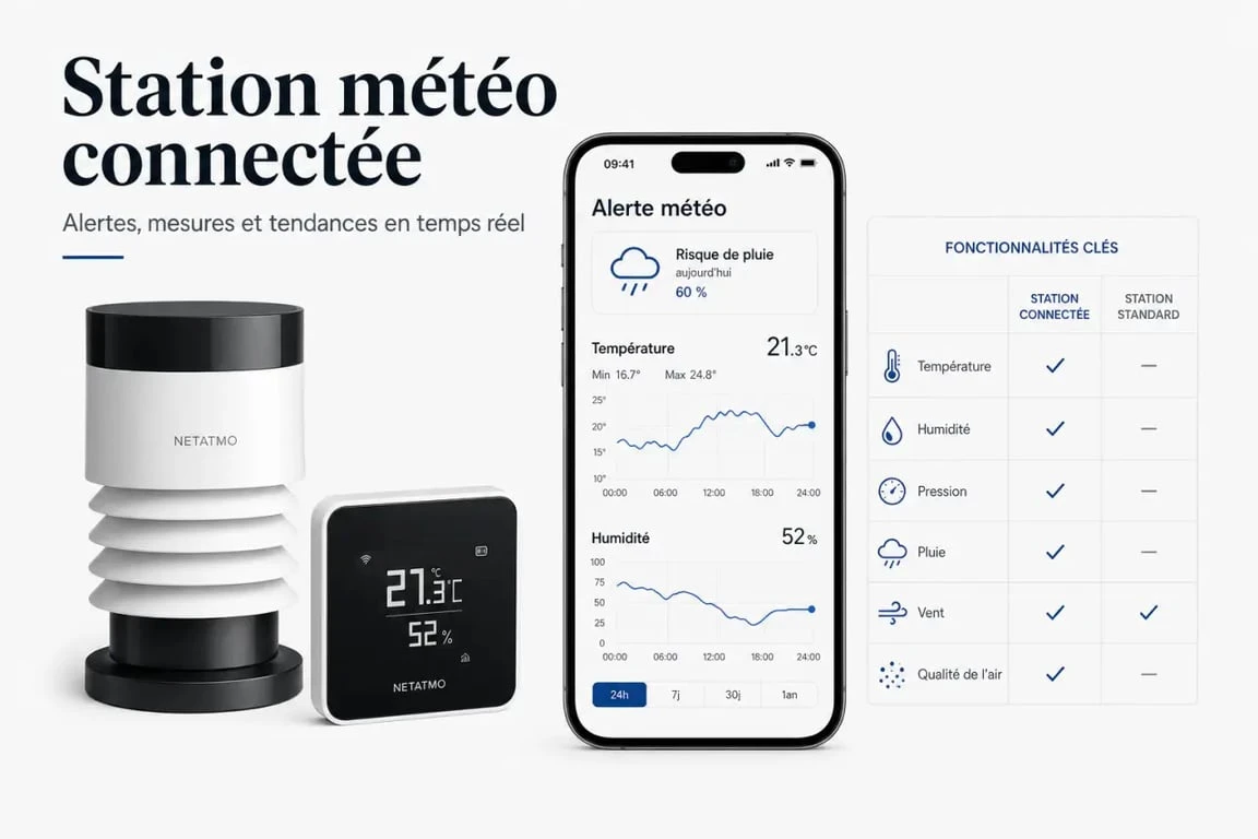 Station météo connectée avec capteurs intérieur et extérieur, application mobile et tableau des fonctionnalités clés