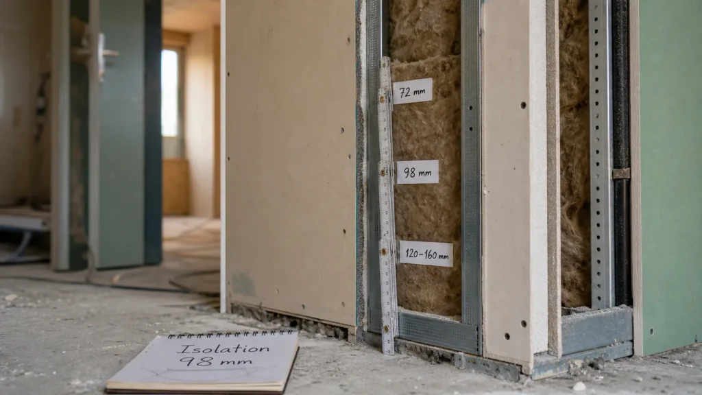 Épaisseur cloison entre 2 chambres : 72, 98 ou 120 mm, cloison sèche acoustique