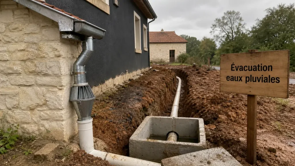 evacuation eaux pluviales : gouttière vers descente et regard béton