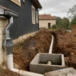 evacuation eaux pluviales : gouttière vers descente et regard béton