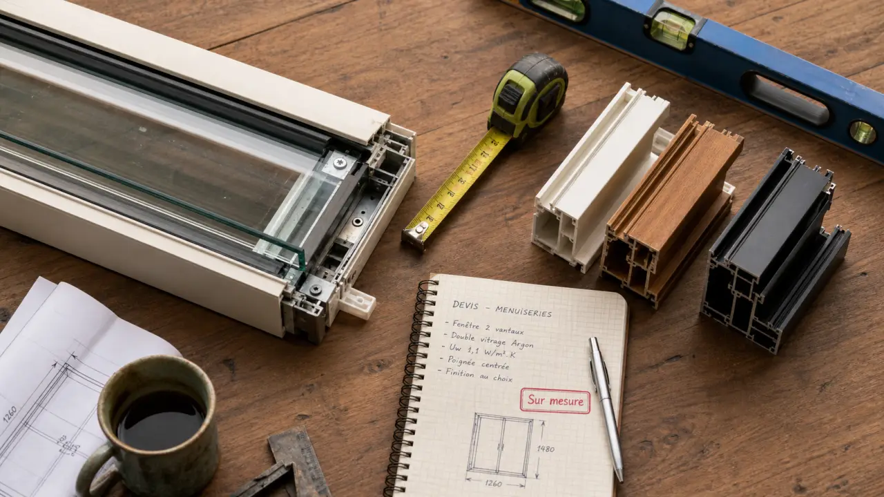 Profilés de fenêtre PVC, bois et aluminium alignés sur un établi avec mètre ruban et carnet de notes
