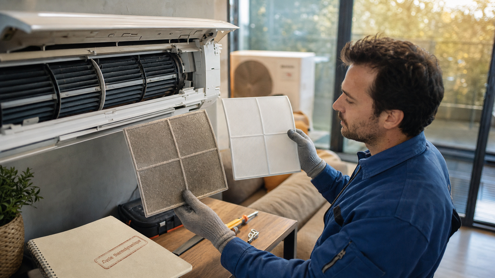 Fonctionnement climatiseur : filtre sale et propre, cycle thermodynamique