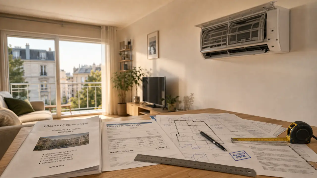 Installation climatisation appartement en copropriété : pose sans mauvaise surprise, documents et unité intérieure visibles