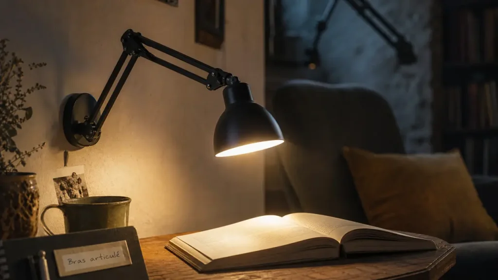 Lampe sur bras articulé éclairant un livre sur table