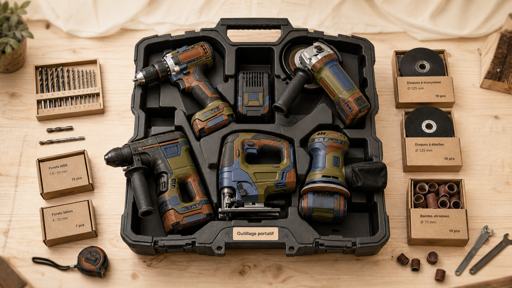 Pack d’outillage portatif sur établi : outils sans fil et accessoires