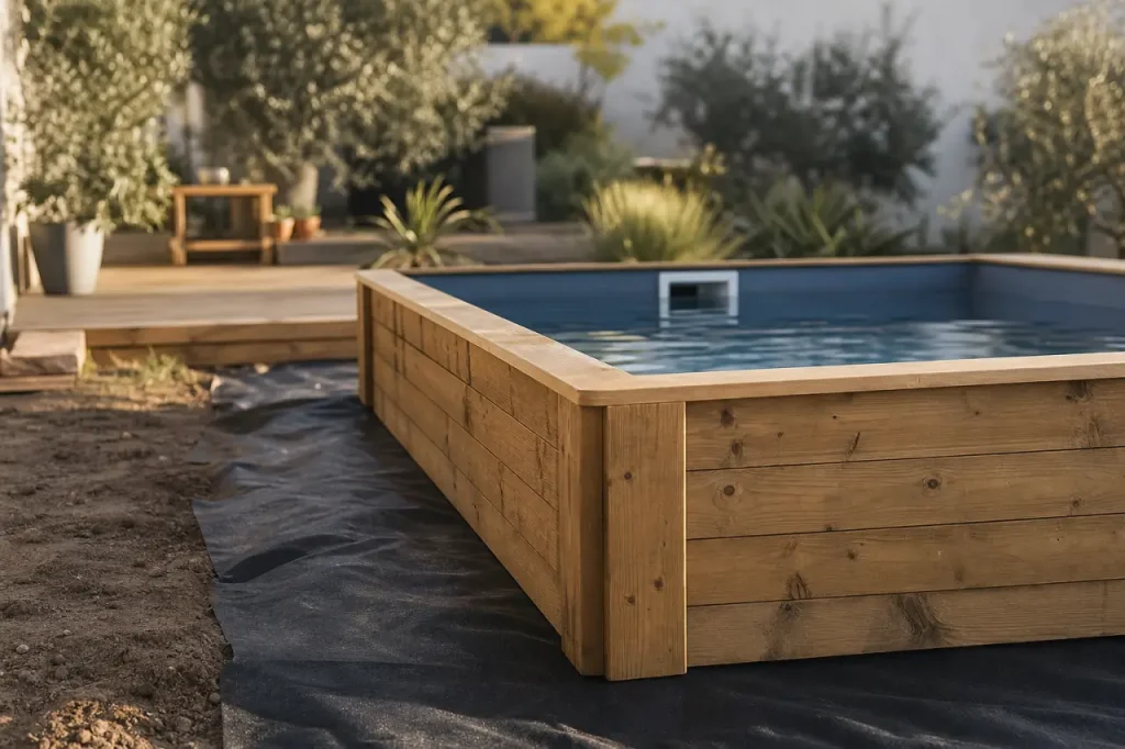 Piscine carre en bois hors-sol avec parois en madriers et liner bleu acier