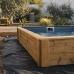 Piscine carre en bois hors-sol avec parois en madriers et liner bleu acier