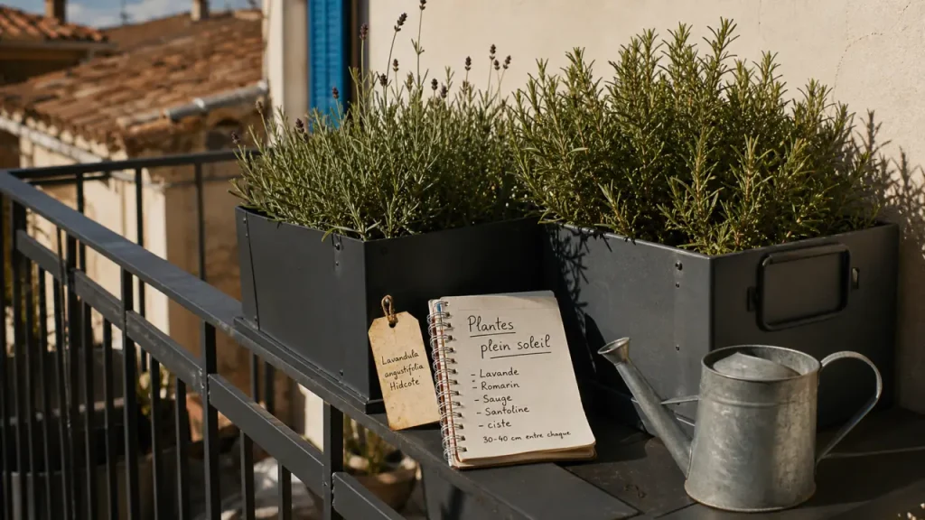 Plantes soleil sur balcon plein sud : lavande et romarin en bacs secs