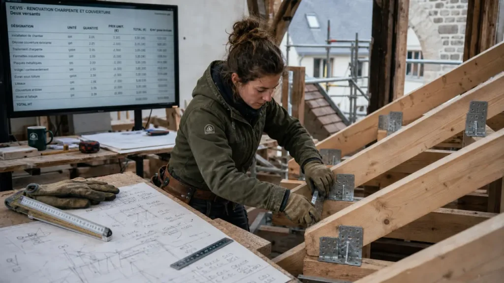 Prix charpente : pose de fermettes en bois sur chantier