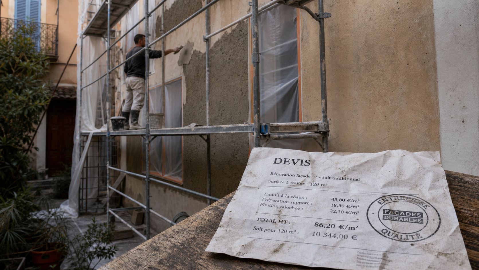 Prix ravalement façade maison 120m2 : façadier sur échafaudage et enduit