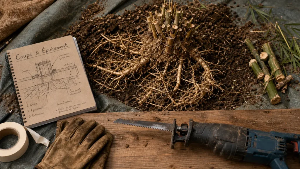 Produit pour tuer des bambous : coupe des rhizomes au sol