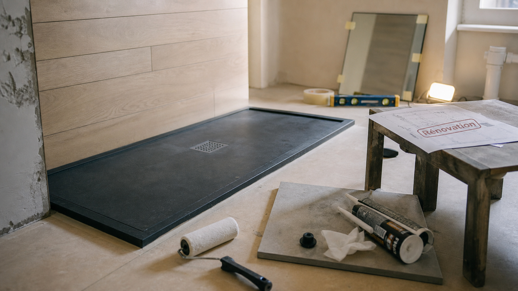 Renover une salle de bain : receveur de douche et joints noirs en chantier