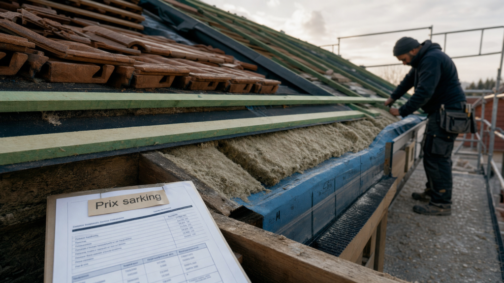 Sarking prix m2 : pose isolant sur charpente, détail chantier