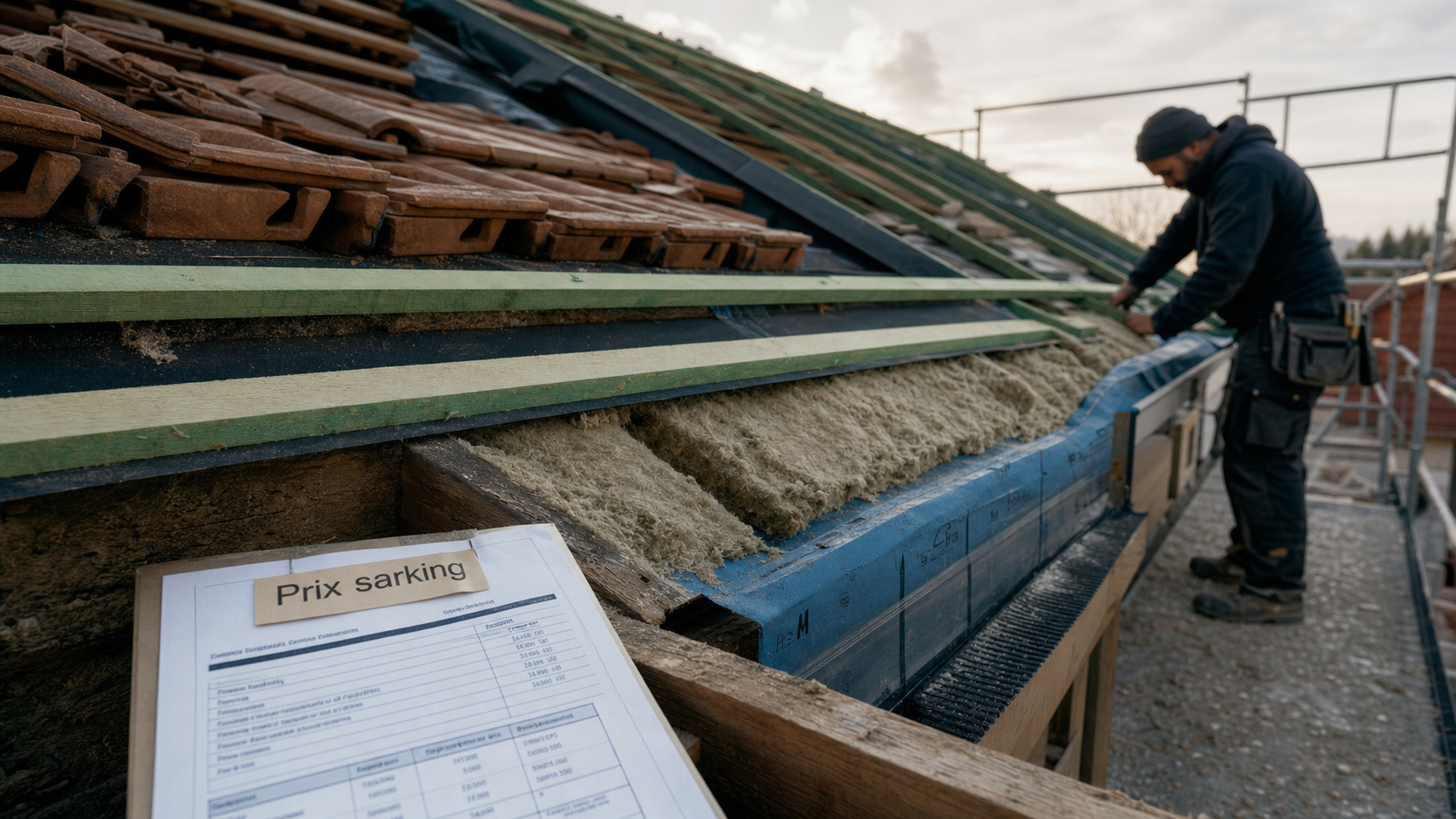 Sarking prix m2 : pose isolant sur charpente, détail chantier