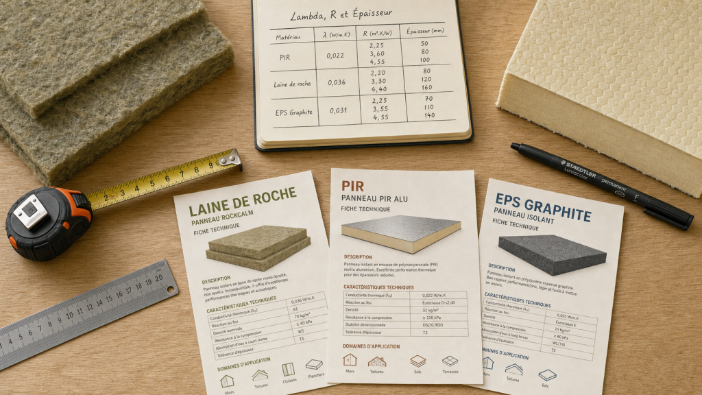 Tableau comparatif isolant thermique : PIR 15 cm vs laine de bois 30 cm sur table