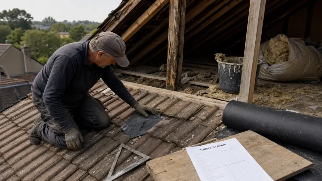 Toiture à refaire : couvreur inspecte tuiles et sous-toiture, signes d’alerte