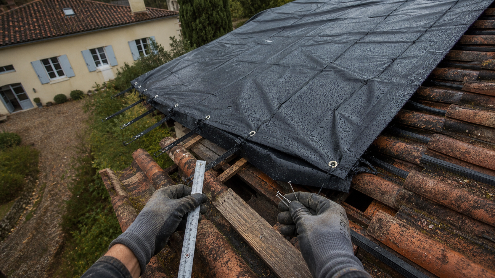 Toiture en bache PVC/EPDM pour éviter les dégâts d’eau, bâche noire sur toiture.