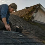 Toiture en shingle durée de vie : couvreur inspecte les bardeaux bitumés