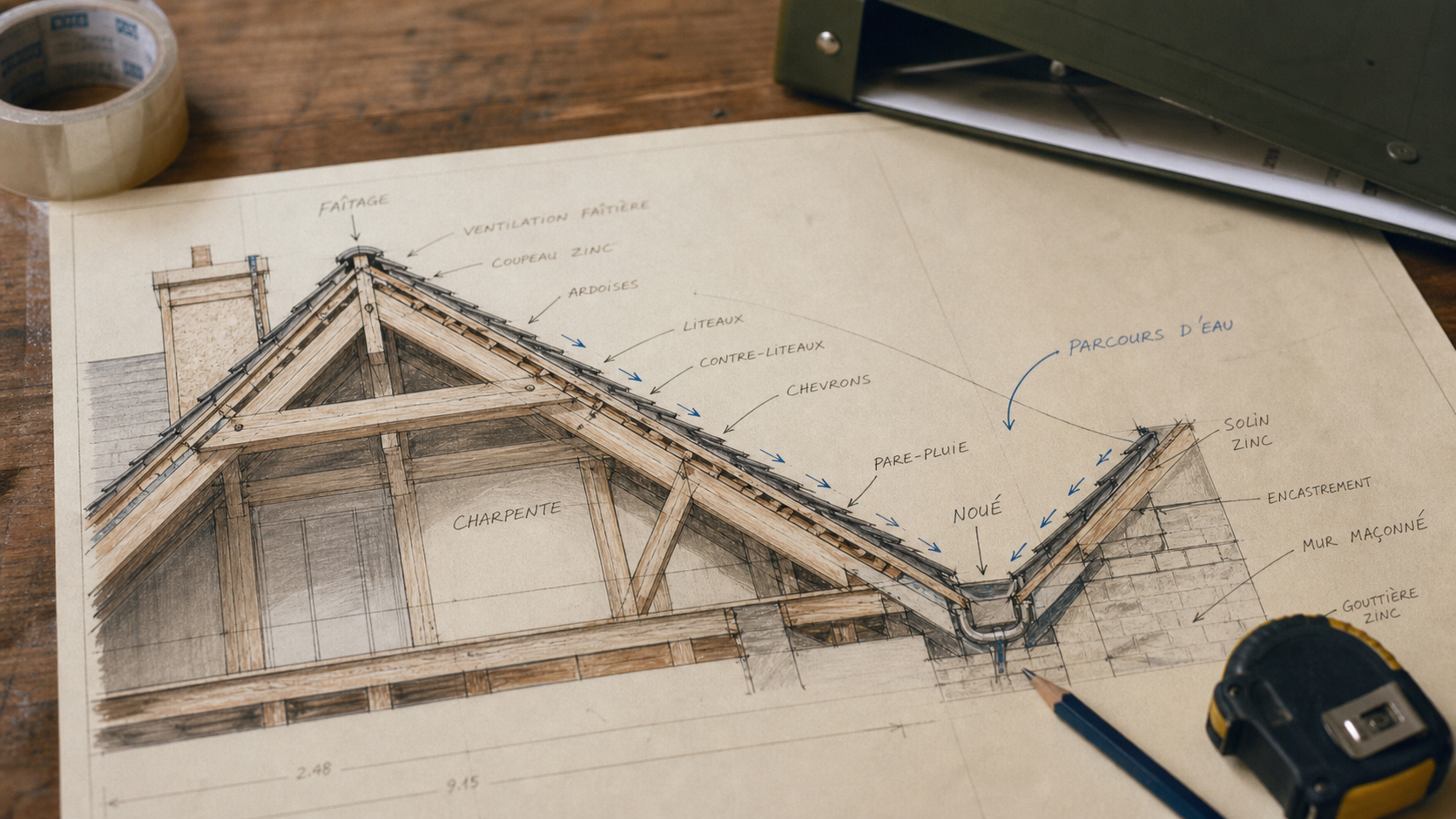 Toiture schéma : faîtage, noue, pente avant travaux