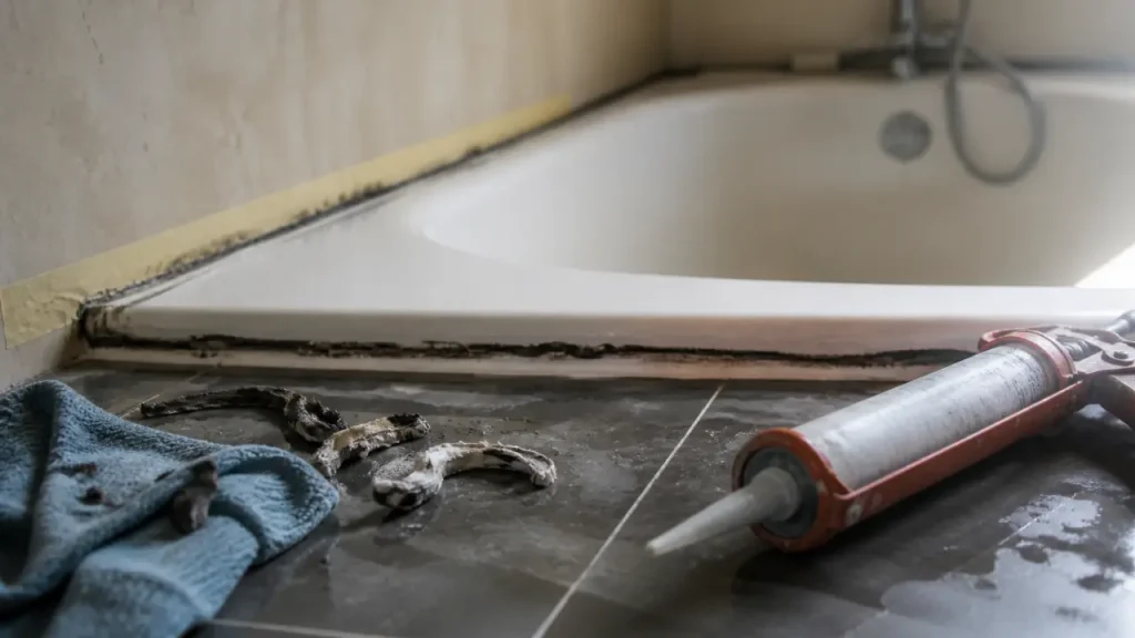 Changer joints baignoire : ruban de masquage et joint silicone sur baignoire