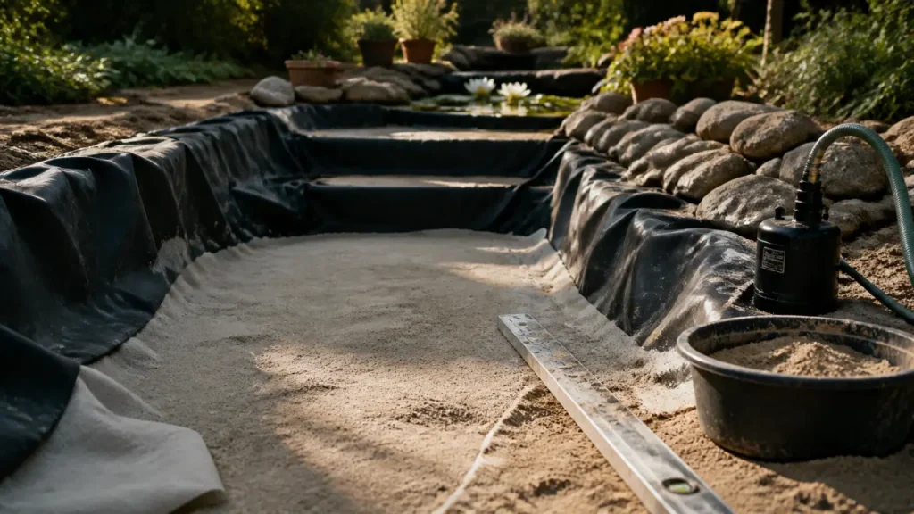 Construire un bassin : bâche EPDM et géotextile dans une fouille, sable au fond