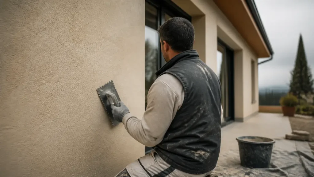 Crépi gratté avec relief discret et outils de façadier