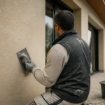 Crépi gratté avec relief discret et outils de façadier
