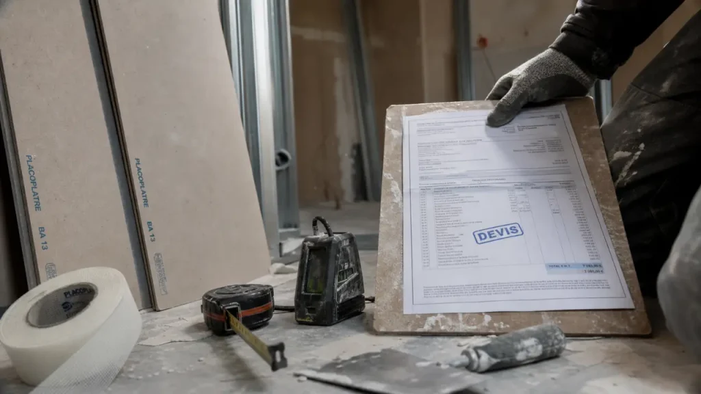 Devis placo : feuille de devis sur chantier