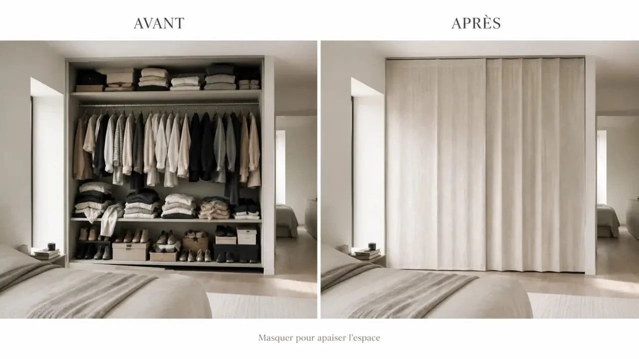 Idée pour fermer un placard sans porte dans une chambre avec un avant/après