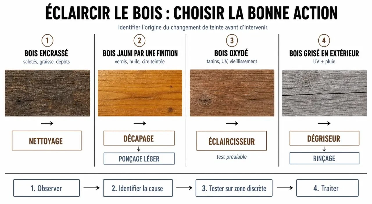 Éclaircir le bois : diagnostic visuel des causes et choix de la méthode adaptée