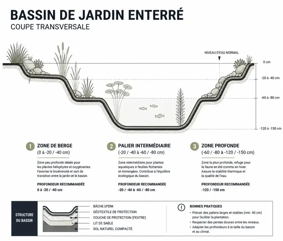Schéma en coupe pour construire un bassin de jardin avec ses différents paliers de profondeur