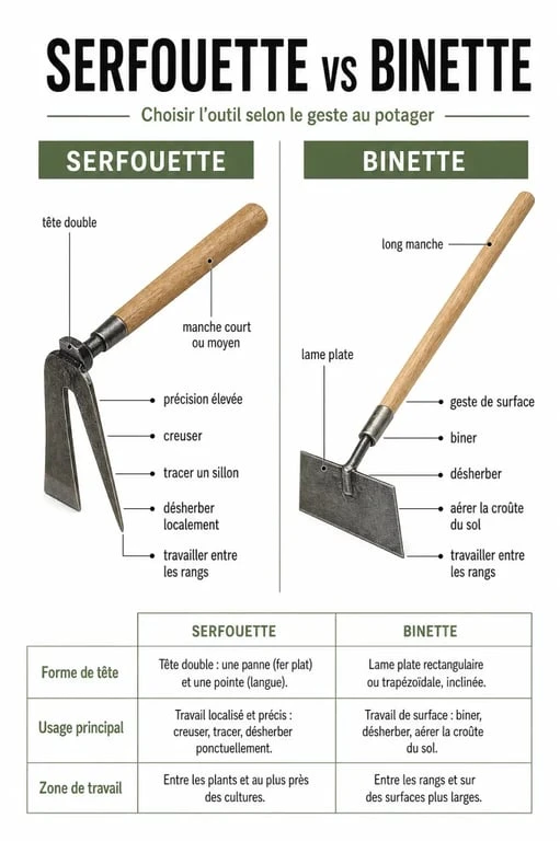 Serfouette ou binette : comparaison visuelle des deux outils de jardinage