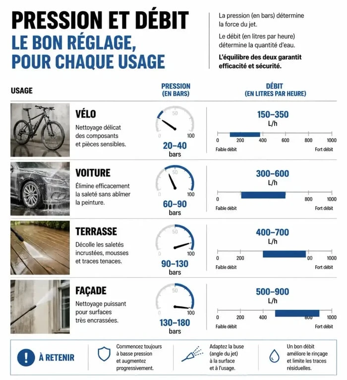 Infographie comparatif pression et débit pour nettoyeur haute pression