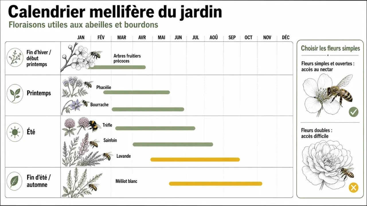 Calendrier des plantes mellifere pour les abeilles au jardin, avec floraisons saisonnières et fleurs simples accessibles
