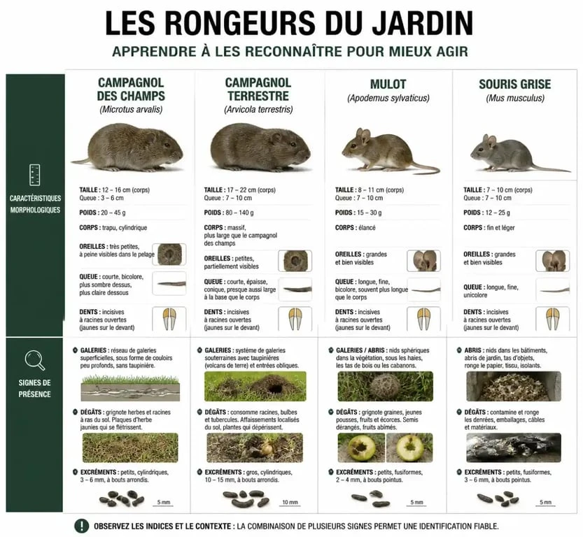 Infographie comparative des rongeurs du jardin : identification et signes de présence
