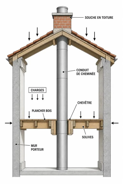 Chevêtre comment soutenir un conduit de cheminée : coupe simplifiée avec solivage et points d'appui