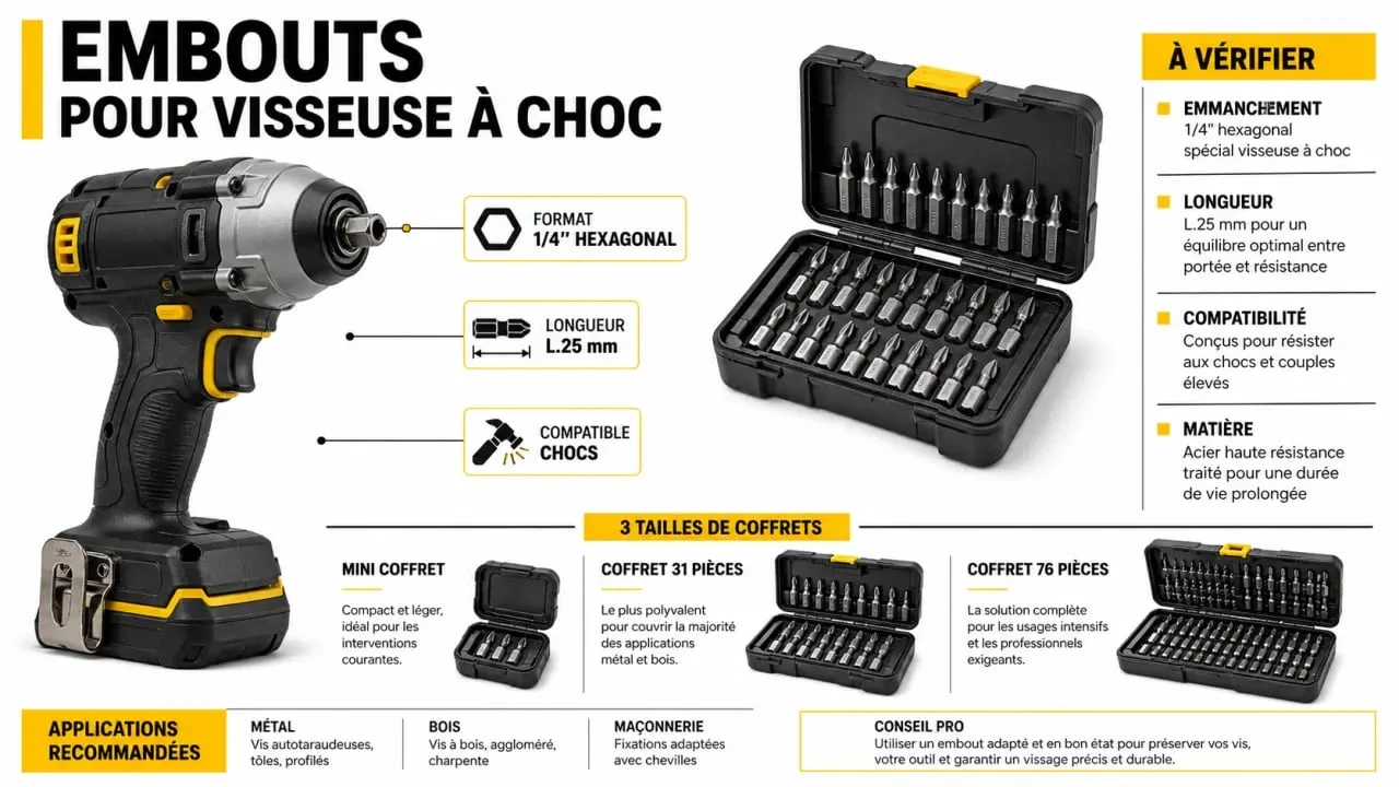 Visseuse a choc embout : comparaison visuelle du format 1/4'', de la longueur L.25 mm et des coffrets 31 ou 76 pièces