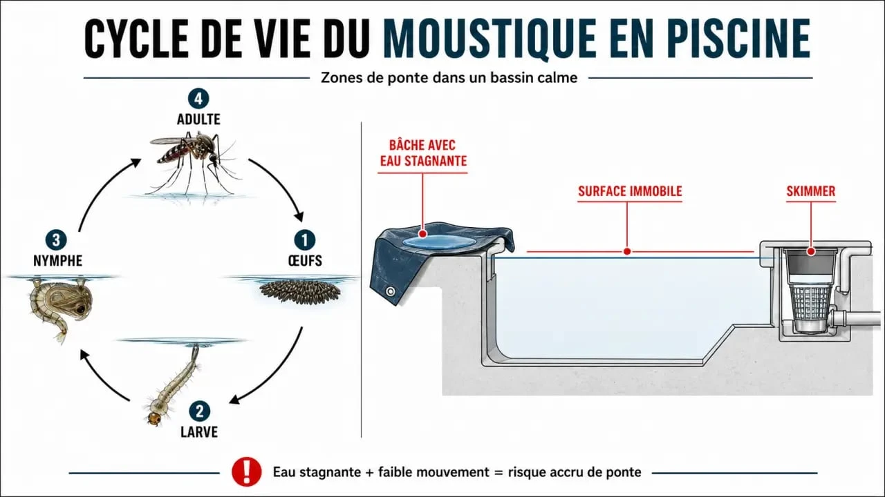 Schéma explicatif de la larve de moustique piscine et du cycle de vie du moustique
