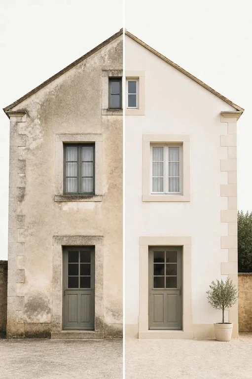 Peinture extérieur à la chaux : façade avant et après rénovation au rendu mat minéral