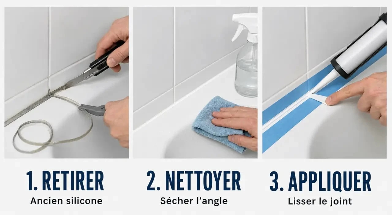 Changer joints baignoire : illustration pas à pas pour retirer, nettoyer, poser et lisser un joint silicone sanitaire