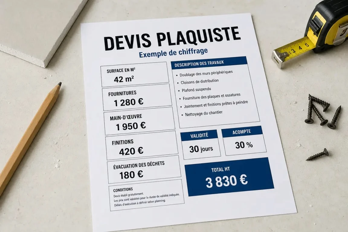 Structure d’un devis placo avec surface, fournitures, main-d’œuvre et finitions