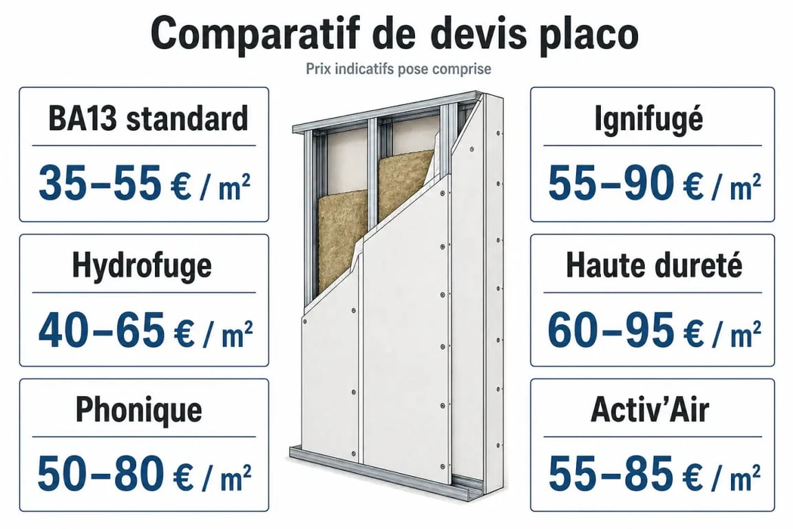 Comparatif devis placo des principaux types de plaques et de leurs prix au m²