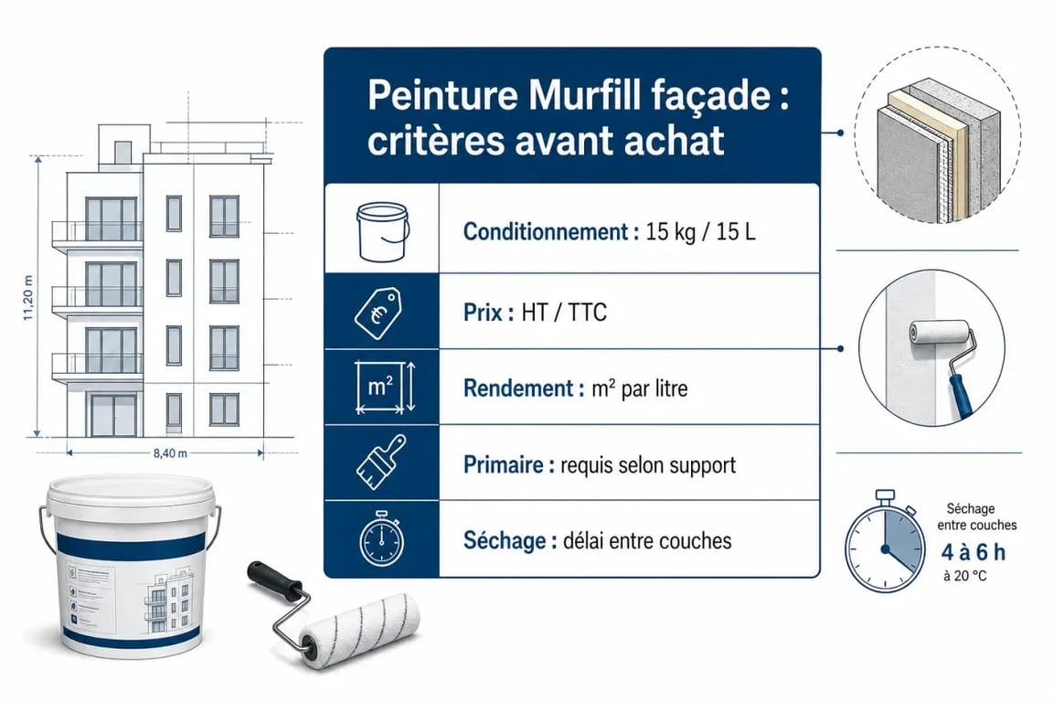 Infographie sur le peinture murfill facade prix avec conditionnement, rendement, primaire et séchage