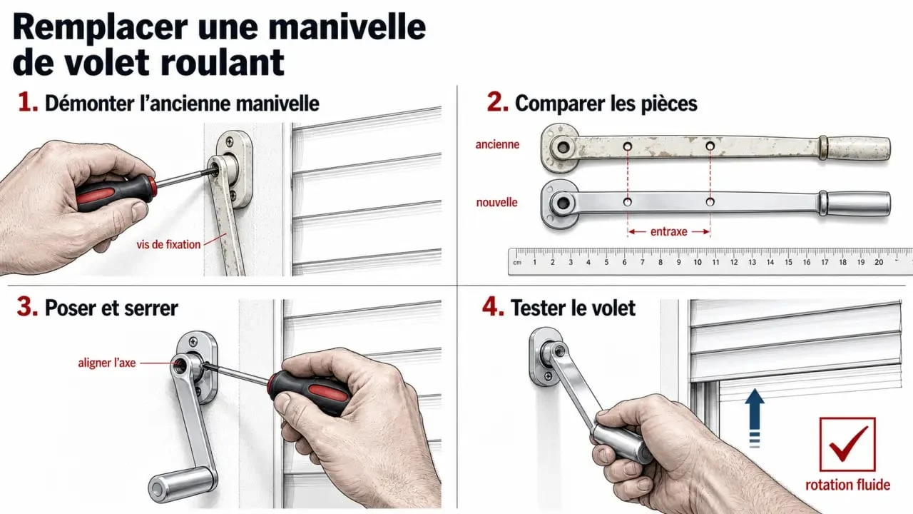 Remplacer manivelle volet roulant : étapes de démontage, pose et test de la nouvelle pièce