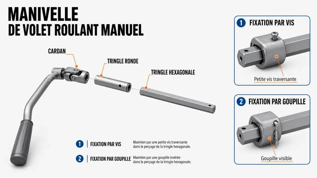 Remplacer manivelle volet roulant : schéma des compatibilités entre cardan, tringle ronde ou hexagonale et fixation vis ou goupille