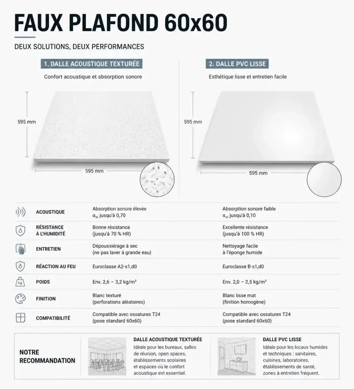 Comparaison des types de dalles pour plaque faux plafond 60x60 : acoustique et PVC
