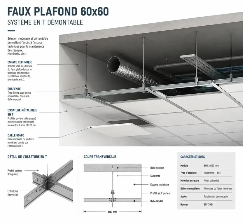 Schéma conceptuel d'installation d'une plaque faux plafond 60x60 avec ossature et plénum