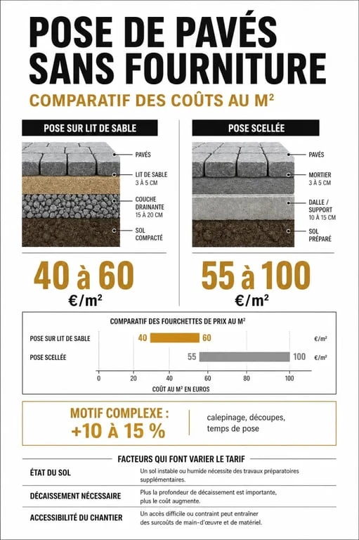 Prix pose pavé m2 sans fourniture : infographie des tarifs de pose et des facteurs de coût